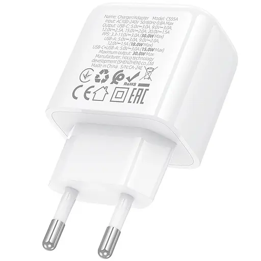 МЗП Hoco CS55A Surplus PD30W+QC3.0 (1USB-A/1C) White - фото 7