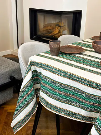 Лляна скатертина великодня з українським орнаментом Рандеву зелений 330х150 см - фото 3