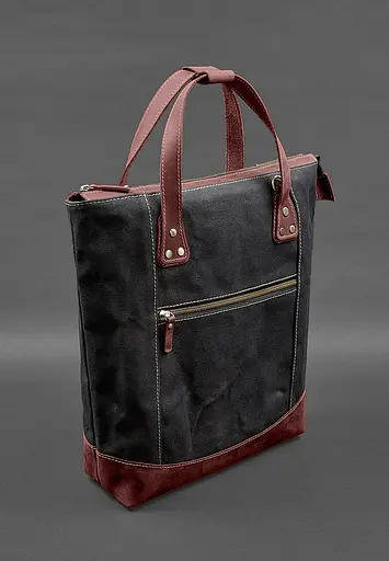 Сумка-рюкзак з канвасу та натуральної бордової шкіри - фото 2