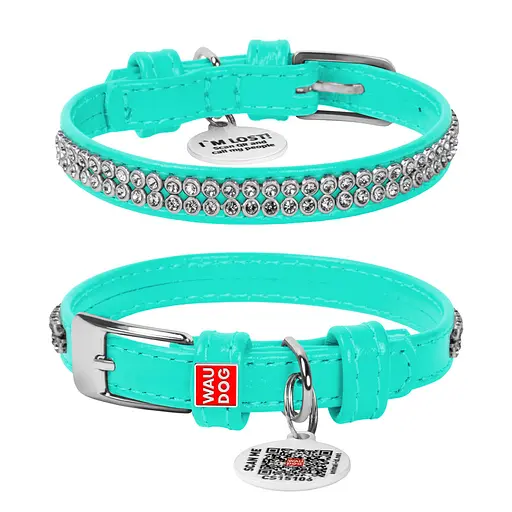 Ошейник для собак кожаный Waudog Glamour с QR-паспортом с украшением "Полотно стразы" XXS Ш 9 мм Д 18-21 см ментоловый