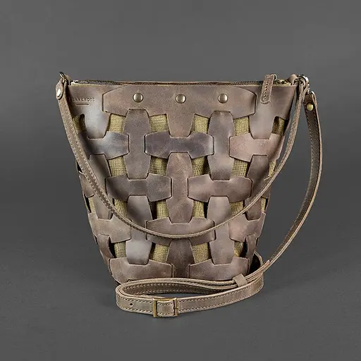 Шкіряна плетена жіноча сумка Пазл M темно-коричнева Crazy Horse - фото 8