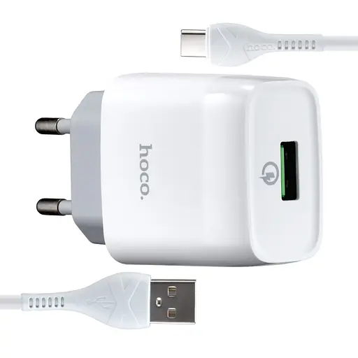 Мережевий зарядний пристрій Hoco C72Q Glorious single port QC3.0 charger set ( Type-C ) ( EU ) Білий - фото 1