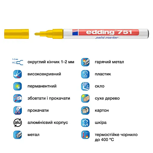 Маркер Edding Paint e-751 1-2 мм круглый желтый (e-751/05) - фото 4
