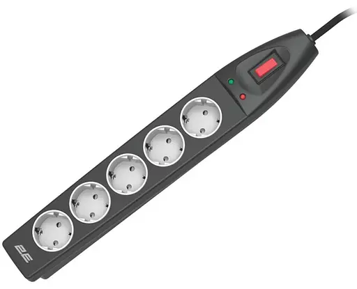 Удлинитель-фильтр сетевой 2E 5xТип F, 3x1,5 мм кв, 16 А, с защитой от перенапряжения, 5 м, черный - фото 1