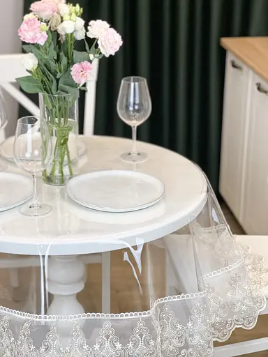 Силиконовая скатерть с бело-кофейным кружевом Петек 15см 340х110 см - фото 9