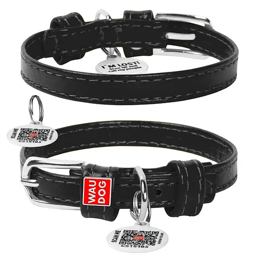 Ошейник для собак кожаный Waudog Glamour с QR-паспортом без украшений XXS Ш 9 мм Д 19-25 см черный - фото 3