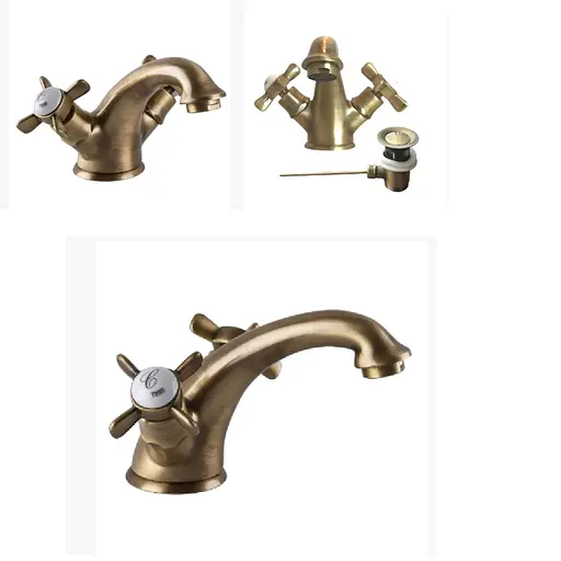 Змішувач для умивальника TRES RETRO-5291030161 двовентильний з автоматичним зливом бронзовий для ванної кімнати