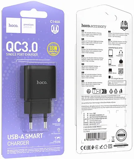 Зарядний пристрій Hoco C140A 1 x USB швидке заряджання QC 3.0 до 18 Вт чорний - фото 2