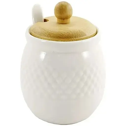 Сахарница Interos фарфоровая с ложкой и деревянной крышкой 260 мл (PJ03257-1)