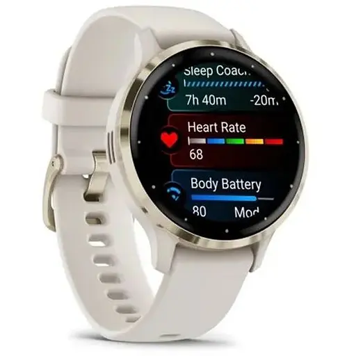 Смарт-часы Garmin Venu 3S корпус цвета слоновая кость с золотистым стальным безелем и белым силиконовым ремешком - фото 1