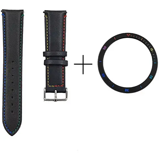 Безель ATR и кожаный ремешок Sikai для смарт-часов Xiaomi Watch S3/S4 Black-rainbow