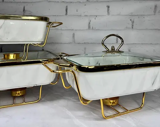 Набор из 3-х мармитов керамических прямоугольных Kitchen с крышками из стекла Бело Золотой - фото 5