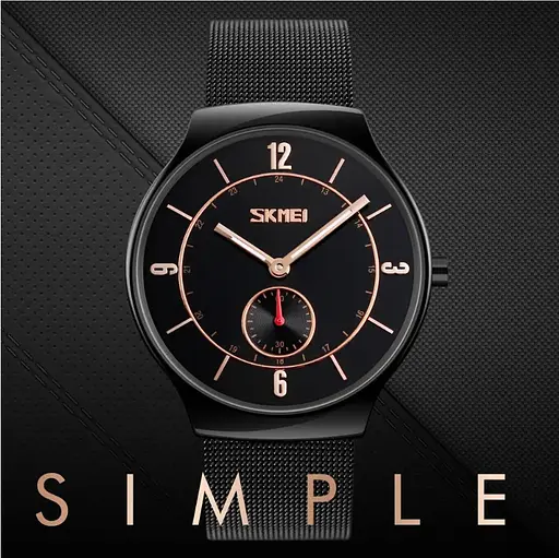 Мужские наручные классические часы Skmei 9163 design черные с золотыми стрелками - фото 3