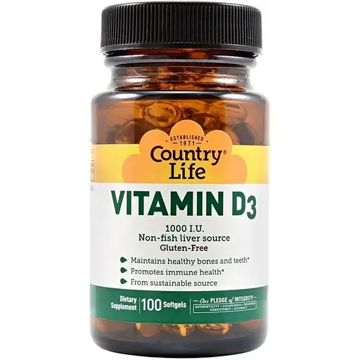 Вітамін D3 рослинного походження Country Life Vitamin D3 1000 IU, 100 капсул для підтримка кісток та імунітету
