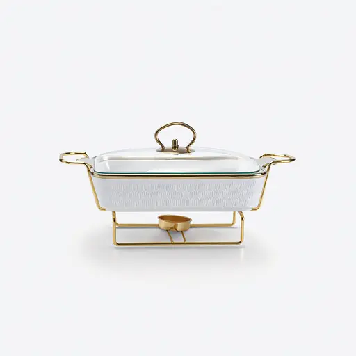 Мармітниця настільна порцелянова 1.5 літра марміт прямокутний 35х19х11.5 см на підставці Мармур білий Yiwu HP1014