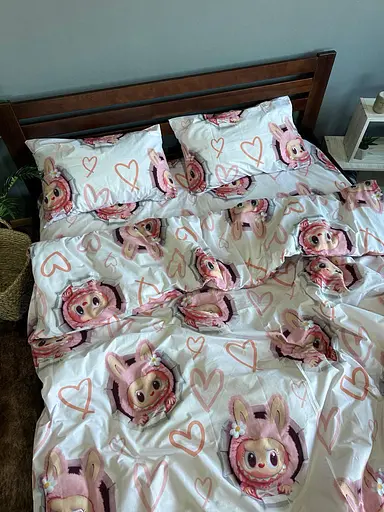 Постільна білизна бавовняна Лабубу 2 Півтораспальна 150 x 220 Бязь 50 х 70 Біла