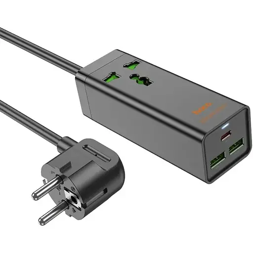 Сетевое зарядное устройство удлинитель Hoco AC9A 2 USB/Type-C PD QC 30W 1 розетка 1.5m черный - фото 1