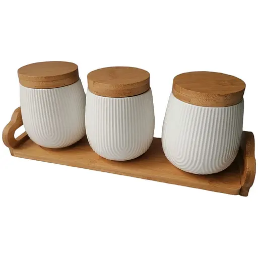Набір банок для сипучих 3 предмети Interos PJ03430-S 001 на дерев'яній підставці