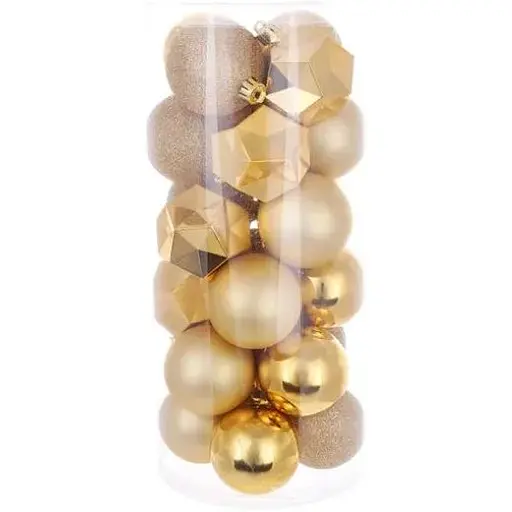 Набір ялинкових кульок діаметром 6 см золотого кольору 24 шт рельєфний перламутр матові та глітер - фото 1