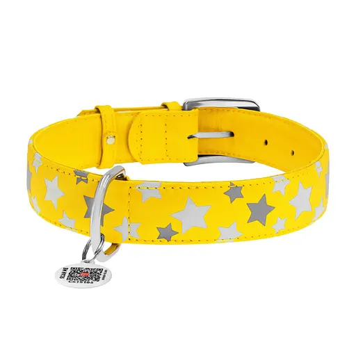 Ошейник для собак кожаный Waudog Glamour с QR-паспортом узор "Звездочка" светонакопительный Ш 35 мм Д 46-60 см желтый - фото 3