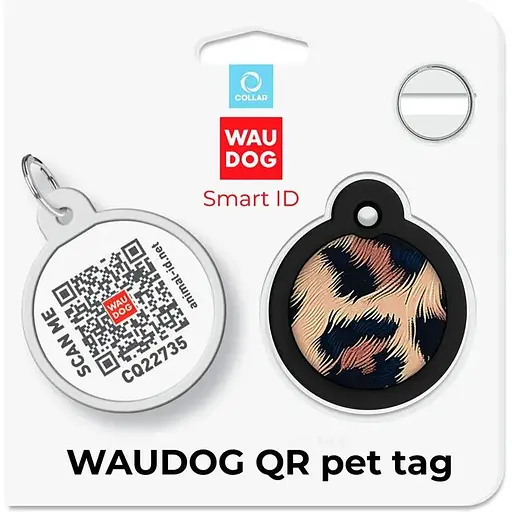 Адресник для собак і котів металевий WAUDOG Smart ID з QR паспортом малюнок Леопард коло Д 30 мм - фото 6