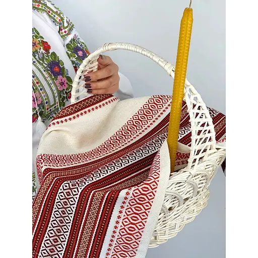 Комплект Великодній кошик Галичина білий з рушником 70х45 см Промінь червоний та свічка