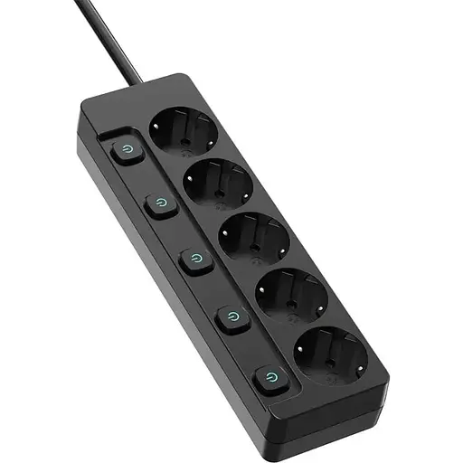 Фильтр сетевой ColorWay, 5 розеток, 5 м, черный, 16А, до 3.5 кВт, индивидуальный выключатель, заземление, 3x1.5 мм² (CW-PSEA55SBK) - фото 1