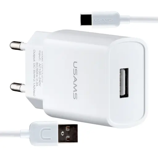 Мережевий зарядний пристрій Usams T21 Charger kit- T18 single USB EU charger + Type-C cable Білий - фото 1