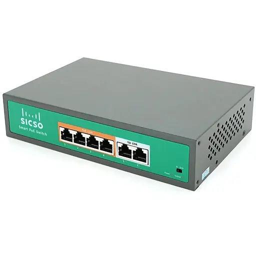 Комутатор POE SICSO 48V з 4 портами POE 100Мбіт + 2порт Ethernet (UP-Link) 100Мбіт, з посил. сигн. до 250м, корпус-метал, Silver, БП вбудований, Q30