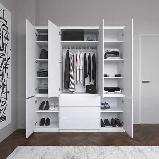 Шкаф со штангой и полками, комплект из 2 пеналов с полками и 1 шкаф со штангой с 3 шухлядами R9+R22-2 Бетон-Белый фасад - фото 2