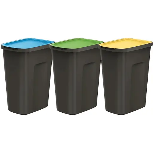 Баки для сортування сміття Prosperplast Keden Compacta Q Plus, комплект 3x35 л, чорний, кришка синя, зелена, жовта