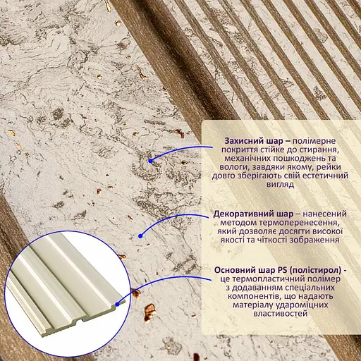 Рейка декоративна Wall Sticker PS 2900х120х12 мм Кремовий мармур із золотими вкрапленнями SW-00001748 - фото 8