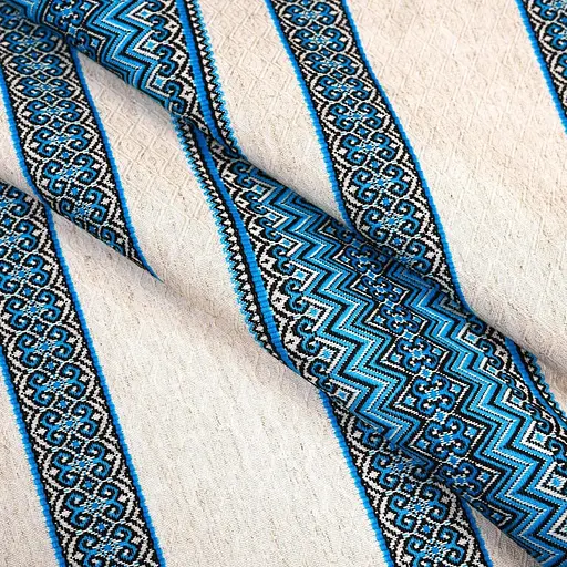 Лляная ткань с украинским орнаментом "Рандеву синий" (от 1 м) - фото 1