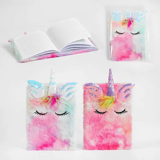 Блокнот с меховой обложкой, пайетки, единорог, в линейку (в ассортименте) - фото 2