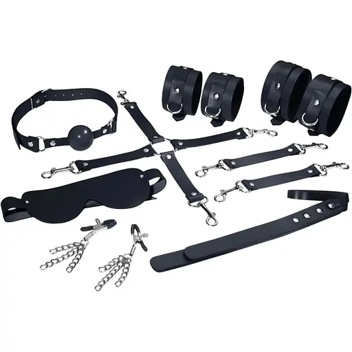 Набор Feral Feelings BDSM Kit 7 Black, наручники, поножи, коннектор, маска, падл, кляп, зажимы