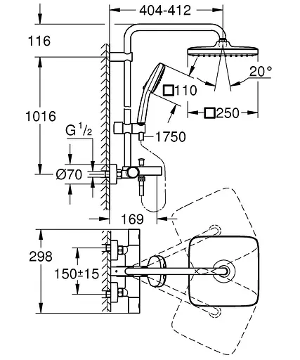 Душова система настінного монтажу з термостатом для ванни Grohe Tempesta System 250 Cube 26975001, Хром - фото 5