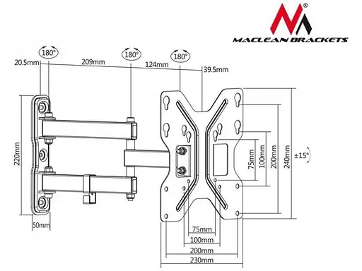 Поворотно-похила кронштейн для телевізорів 13-43 діагоналі Maclean MC-648 (max VESA: 200 x 200) - фото 2