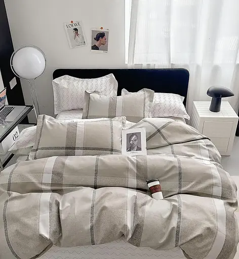 Постельное белье полуторное Діма Натуральный комплект с компаньоном Турция размер полуторка Наволочки 70х70см Клетка Коттон - фото 1