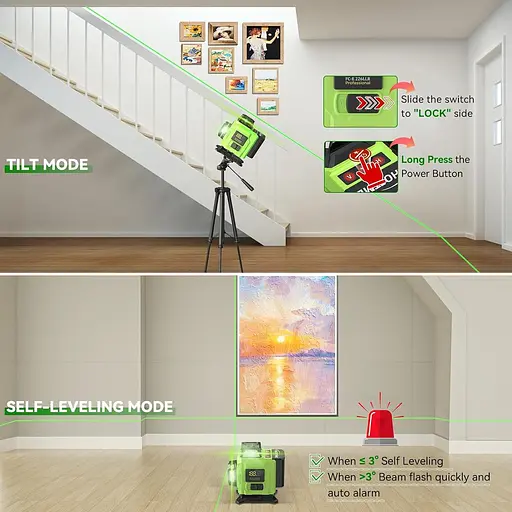 Лазерный уровень, 4 x 360° 16 линий, самовыравнивающийся зеленый лазерный уровень, горизонтальный и вертикальный перекрестный - фото 2