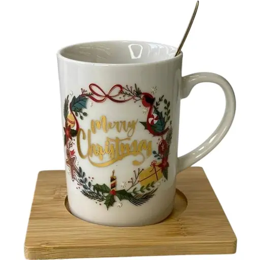 Кружка новогодняя Olens 8030-290 Белое Рождество керамическая на подставке с ложкой 160мл - фото 1