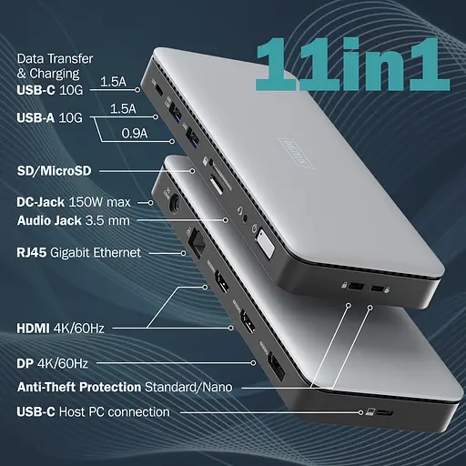 Digitus Док-станция USB-C > 2xHDMI/DP/2xUSB-A/USB-C/SD/MicroSD/RJ54/DC/Audio - фото 5
