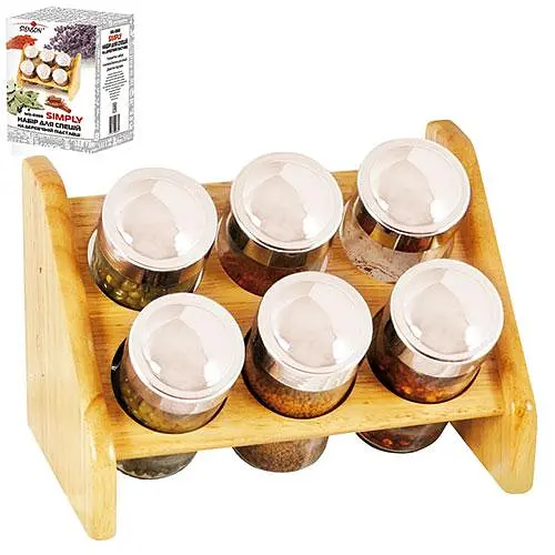 Набор для специй Simply 6 банок на деревянной подставке. Баночки для специй с крышками [MD]