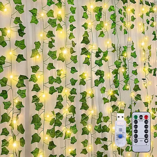 Гирлянда-штора с листьями плюща SunLamp 3×3 м, 300 LED, USB, с пультом
