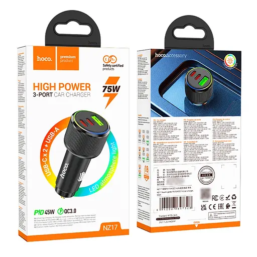 Автомобільний зарядний пристрій Hoco NZ17 USB/2 Type-C PD 75W чорний - фото 6