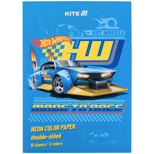 Бумага цветная Kite Hot Wheels неоновая A4 10 листов 5 цветов (HW24-252) - фото 1
