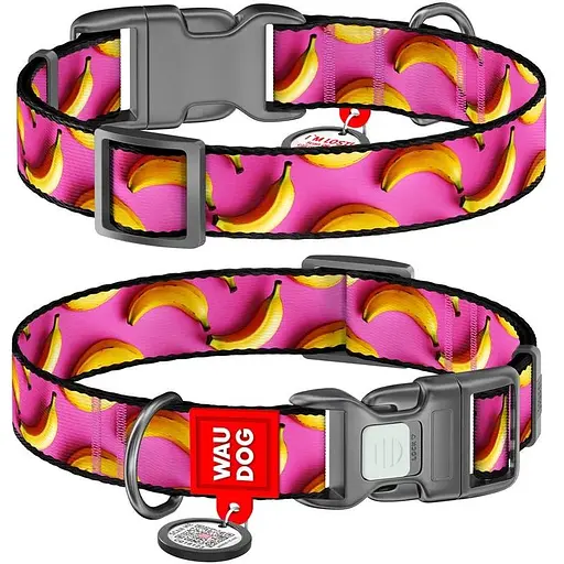 Нашийник для собак нейлоновий Waudog Nylon з QR адресником Банани на рожевому пластиковий фастекс S Ш 15 мм - фото 1
