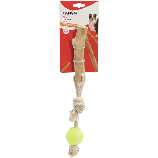 Іграшка для собак Camon паличка з кавового дерева на мотузці з тенісним м'ячем 34 см (AD705)