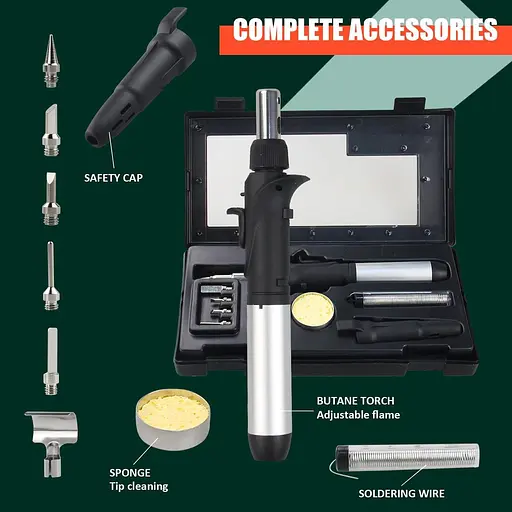 Бутановий паяльник FROGBRO комплект самозаймистий регульована температура полум'я макс 2372℉, бездротовий з 6 наконечниками - фото 3