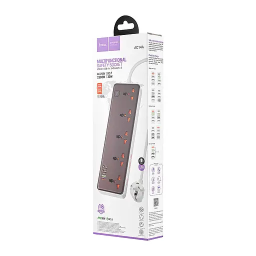 Сетевой фильтр Hoco AC14A Rico 5-позиционная розетка (PD30W/1C3A) (EU) Черный - фото 2