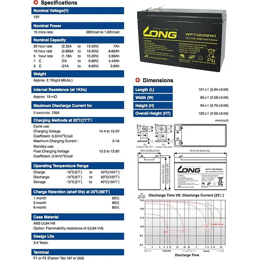 Акумуляторна батарея для ДБЖ Long AGM VRLA 12 V / 7 А*ч (WP7-12(28W)) - фото 3